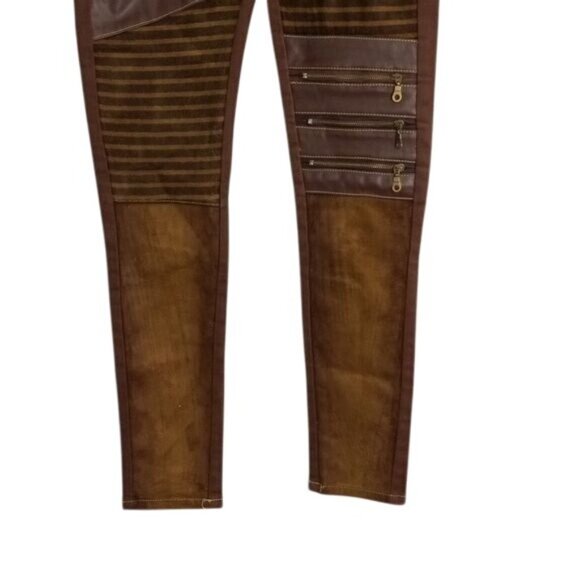 Moto Biker Pants 29 x 30 Womens Premium Brown Faux Leather Skinny Steampunk - Picture 9 of 15